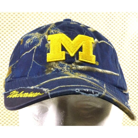 University Of Michigan Wolverines Blue Camo Distressed Baseball Cap Embroidered - Picture 1 of 7